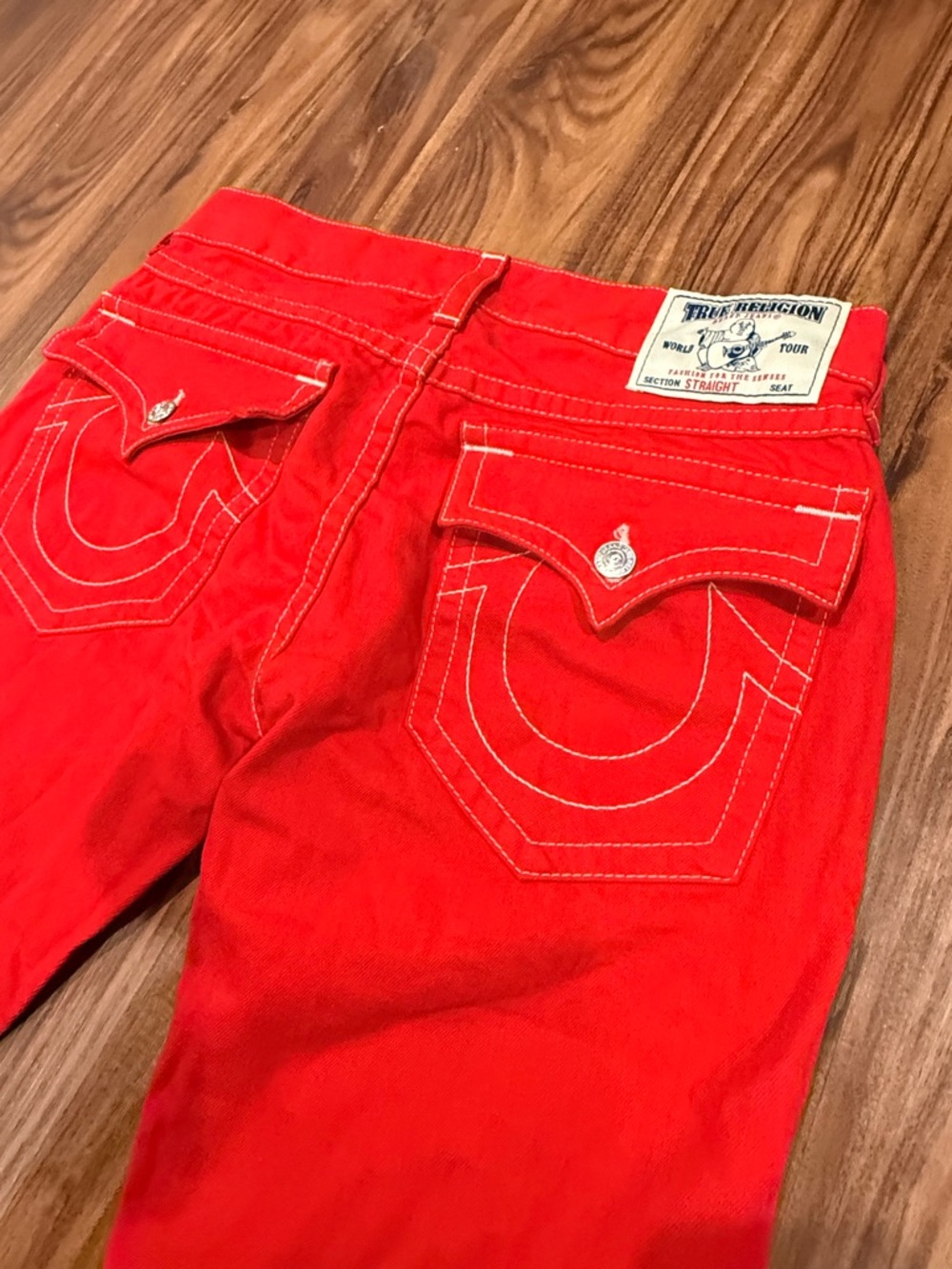 Men's True Religion Jeans Straight With Flap Red Cotton Size 34x32